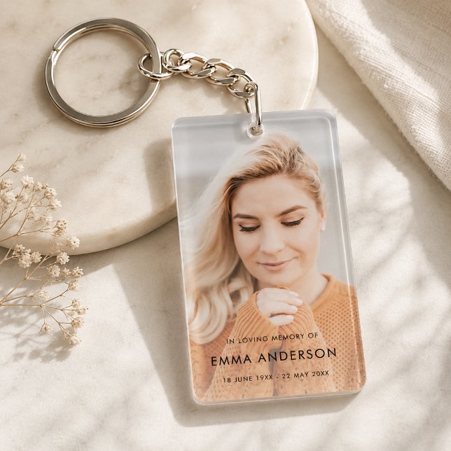 Memorial Keychain | Remembrance Keepsake Gift (Personalized memorial photo keychain with name and dates for funeral favors and keepsakes.)