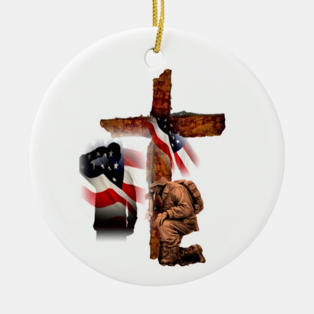 Memorial Kneeling and Saluting Soldier Cross Ceramic Ornament (Front)