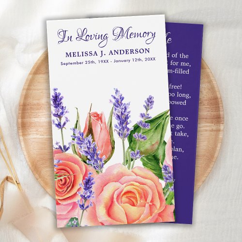 Memorial Lavender Peach Roses Funeral Prayer Card