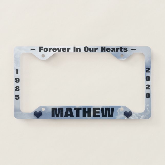 Memorial License Plate with Clouds / Hearts License Plate Frame (Front)