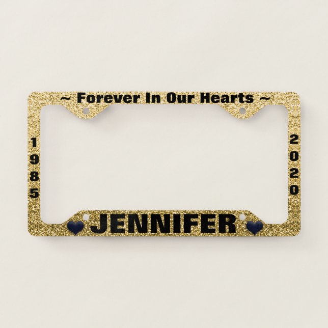 Memorial License Plate with Gold Glitter Look License Plate Frame (Front)