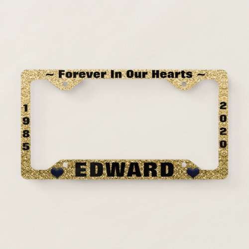 Memorial License Plate with Gold Glitter Look License Plate Frame