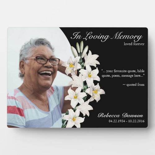 Memorial Lily Floral Keepsake Black Custom Photo Plaque