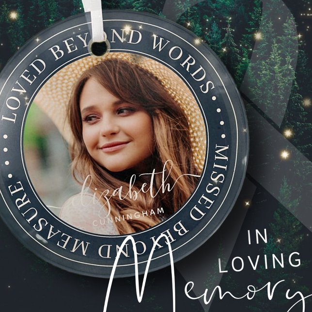 Memorial Loved Beyond Words Elegant Chic Photo Glass Ornament (Creator Uploaded)