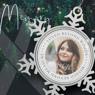 Memorial Loved Beyond Words Elegant Chic Photo Snowflake Pewter Christmas Ornament