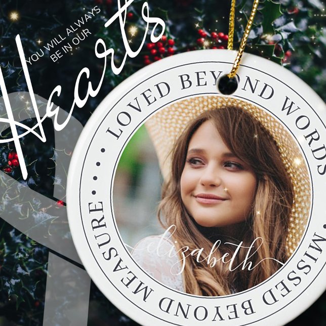 Memorial Loved Beyond Words Simple Chic Photo Ceramic Ornament (Creator Uploaded)
