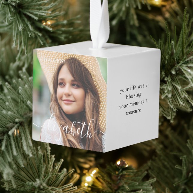 Memorial Loved Beyond Words Simple Chic Photo Cube Ornament (Tree)