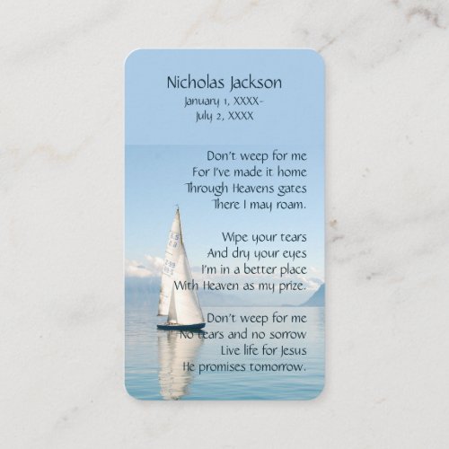 Memorial Memory Card Sailboat Sailing