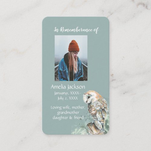 Memorial Memory Card Watercolor Barn Owl 