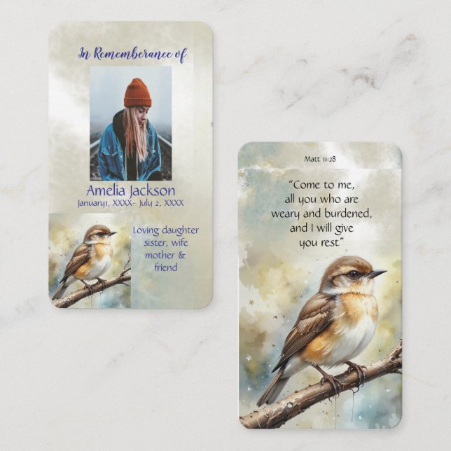 Memorial Memory Card Watercolor Birds (Front/Back)