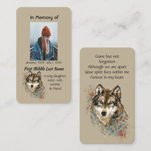 Memorial Memory Card Watercolor Wolf Animals (Front/Back)