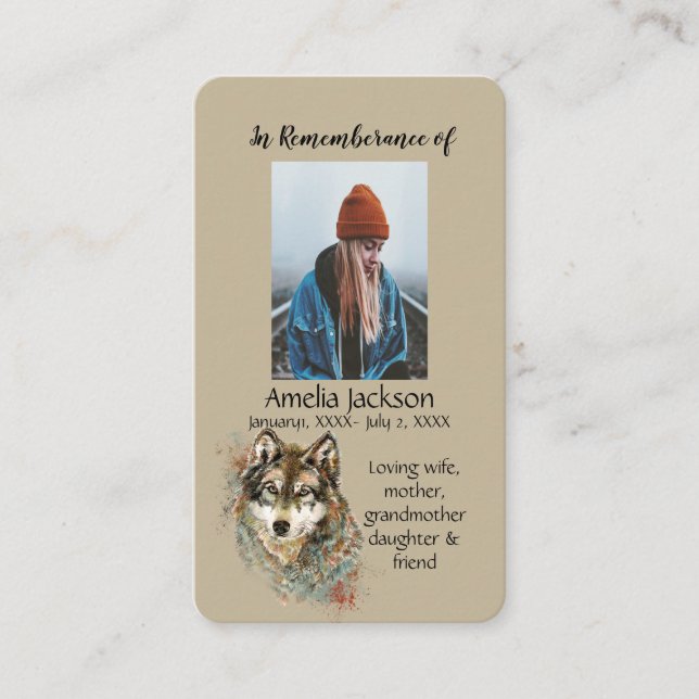 Memorial Memory Card Watercolor Wolf Animals (Front)