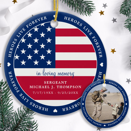 Memorial Military Soldier American Flag Photo Ceramic Ornament
