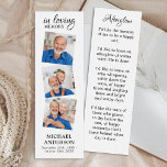 Memorial Modern 3 Photo Funeral Prayer Bookmark<br><div class="desc">Modern Sympathy Funeral Prayer Bookmark. This simple memorial pome bookmark features a modern white design and unique 3 photo collage . Front "In Loving Memory" Personalize this memorial funeral prayer bookmark card with your loved ones photos, name & dates, and sentiment. Back ~ 'Afterglow' Poem, which can be personalized, please...</div>