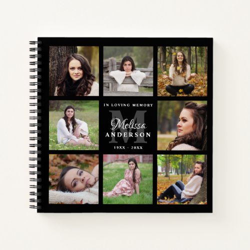 Memorial Modern 8 Photo Budget Funeral GuestBook Notebook - Modern 8 Photo Funeral Guest Book. This funeral guest book features a unique photo collage for 8 of your favorite photos, monogram initial elegant name, and dates, on a modern black design. This memorial guest book is perfect keepsake for memorial service, celebration of life and funeral . COPYRIGHT © 2020 Judy Burrows, Black Dog Art - All Rights Reserved. Memorial Modern 8 Photo Budget Funeral GuestBook Notebook