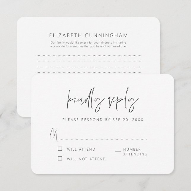 Memorial Modern Elegant Simple Chic Kindly Reply RSVP Card (Front/Back)