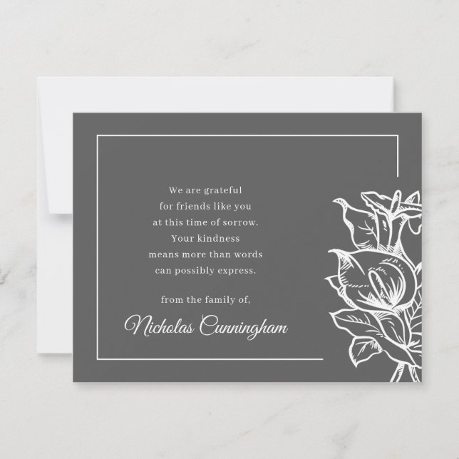 Memorial Modern Monochrome Foliage Botanical Thank You Card (Front)