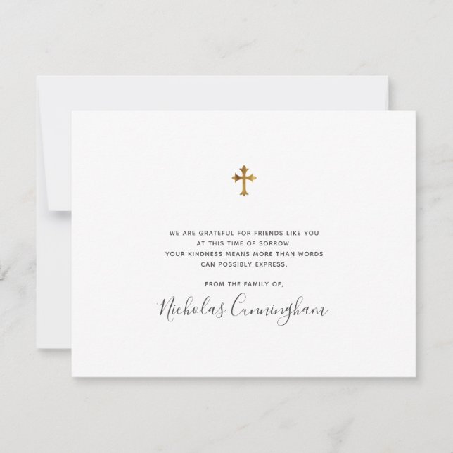 Memorial Modern Ornate Faux Gold Cross Thank You Card (Front)
