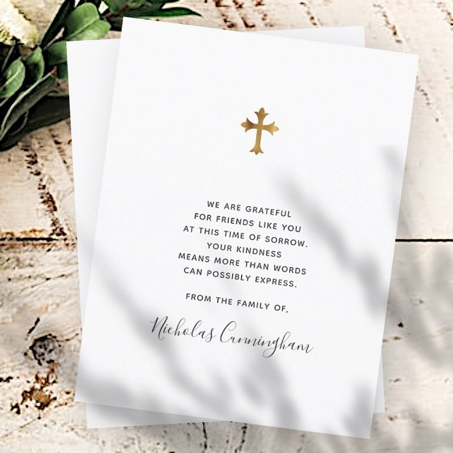 Memorial Modern Ornate Faux Gold Cross Thank You Card (Creator Uploaded)