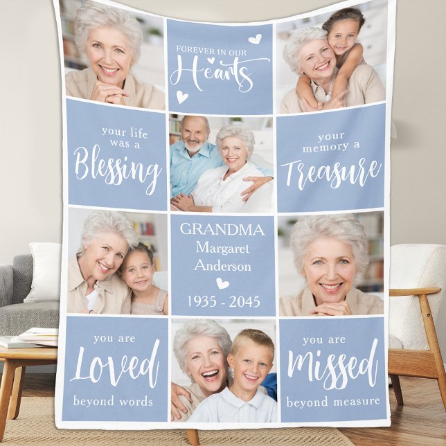 Memorial Modern Personalized Family Multi Photo Fleece Blanket (Creator Uploaded)