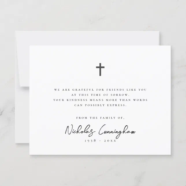 Memorial Modern Simple Elegant Cross Black & White Thank You Card | Zazzle