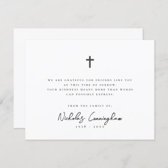 Memorial Modern Simple Elegant Cross Black & White Thank You Card | Zazzle