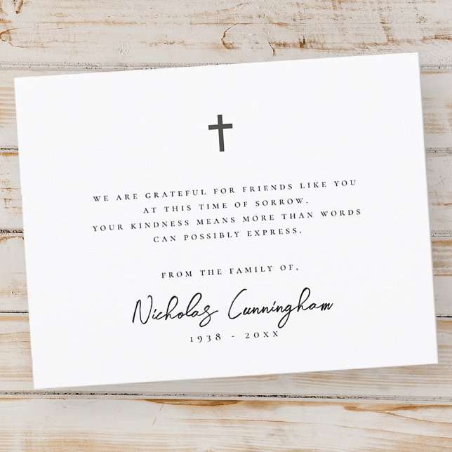 Memorial Modern Simple Elegant Cross Black & White Thank You Card (Creator Uploaded)