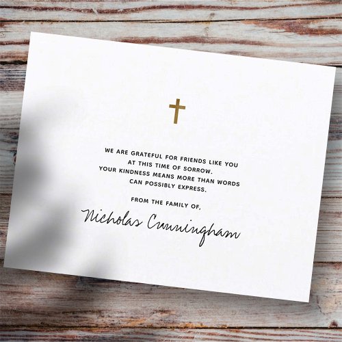 Memorial Modern Simple Faux Gold Cross Thank You Card