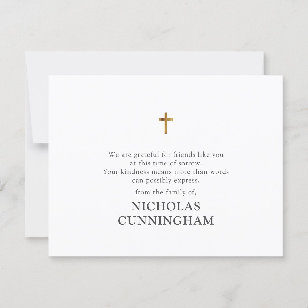 Memorial Modern Simple Gold Cross Thank You Card | Zazzle