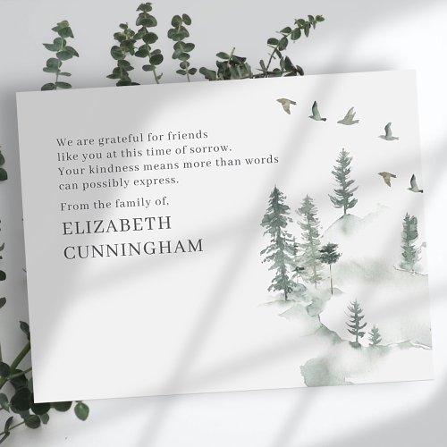Memorial Modern Watercolor Greenery Pine Forest Thank You Card