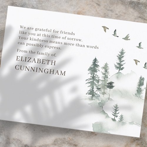 Memorial Modern Watercolor Greenery Pine Forest Thank You Card