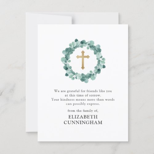 Memorial Modern Watercolor Wreath Gold Cross Thank You Card