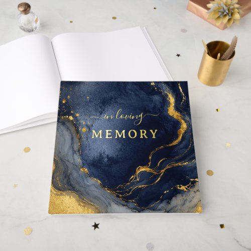 Memorial NavyGold Abstract Marble Fluid Art Foil Guest Book