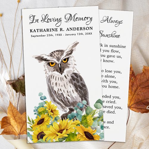 Memorial Owl Sunflowers Floral Funeral Prayer Card