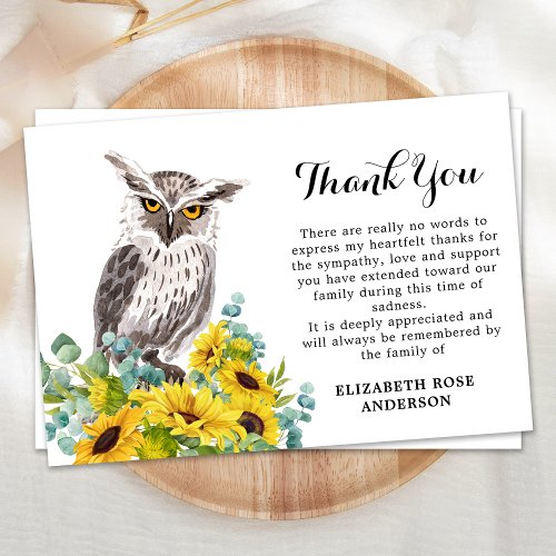 Memorial Owl Sunflowers Sympathy Funeral Thank You Card