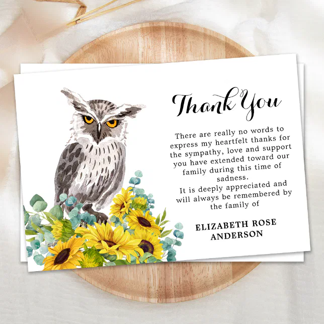 Memorial Owl Sunflowers Sympathy Funeral Thank You Card | Zazzle