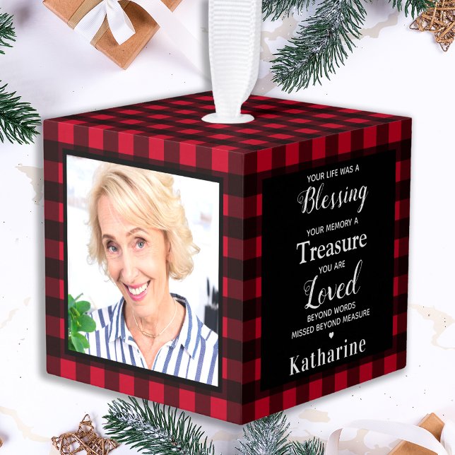 Memorial Personalized 3 Photo Red Plaid Cube Ornament (Creator Uploaded)
