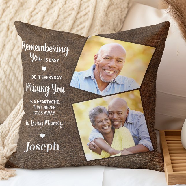 Memorial Personalized Remembrance Leather 2 Photo Throw Pillow (Creator Uploaded)