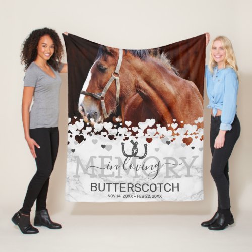 Memorial Pet Horse Photo Fleece Blanket - Elegant horse keepsake blanket featuring a modern marble heart patterned background, a treasured photo of your beloved horse, horseshoes, the saying "in loving memory", your pets name, and dates.