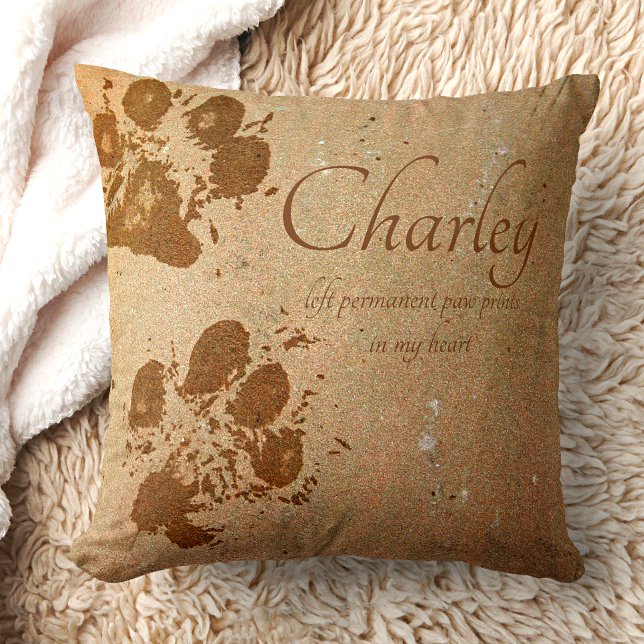 Memorial Pet Tan Muddy Paw Prints Name  Throw Pillow (Creator Uploaded)