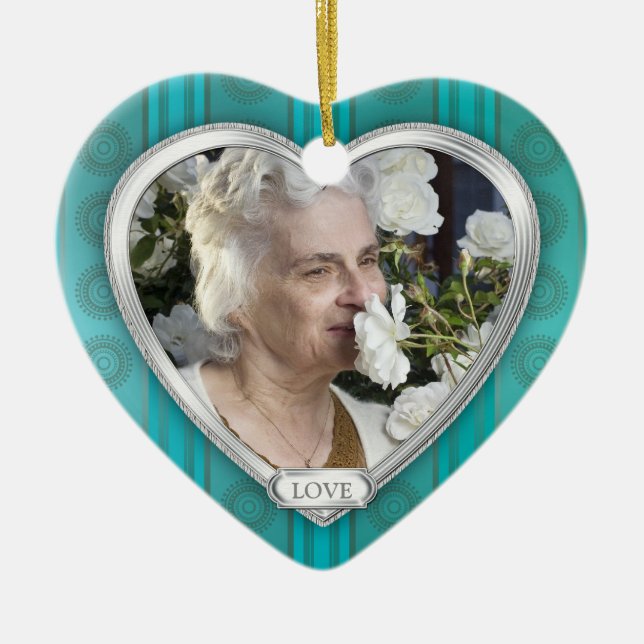 Memorial Photo Aqua Blue Silver Heart Christmas Ceramic Ornament (Front)