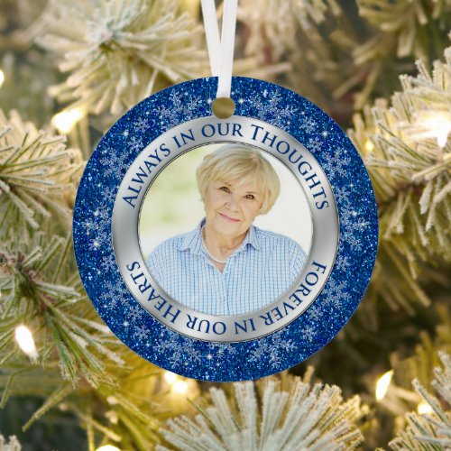 Memorial Photo Blue Always in our Thoughts Xmas Metal Ornament