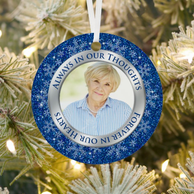 Memorial Photo Blue Always in our Thoughts Xmas Metal Ornament (Insitu)