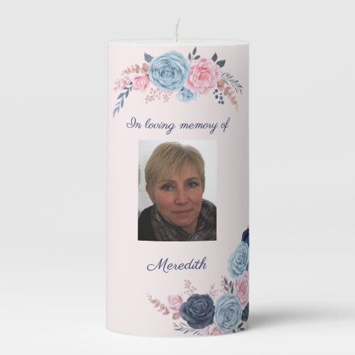 Memorial Photo Blush Pink Dusty Blue Floral Pillar Candle