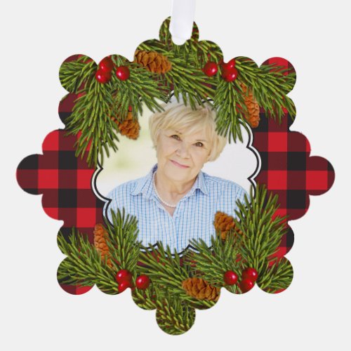 Memorial Photo Buffalo Plaid Pine Boughs Christmas Ornament Card