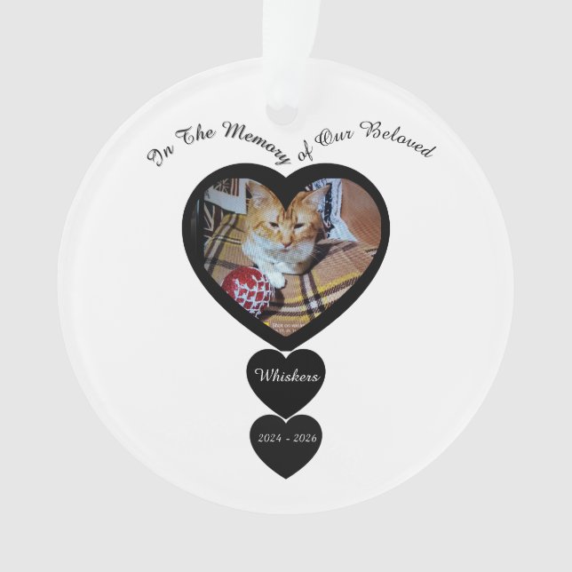 Memorial Photo Cat, Name, Hearts, replaceable,  Ornament (Front)