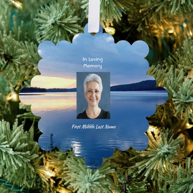 Memorial Photo Christian Lake Sunrise Nature Ornament Card (Insitu (Tree))