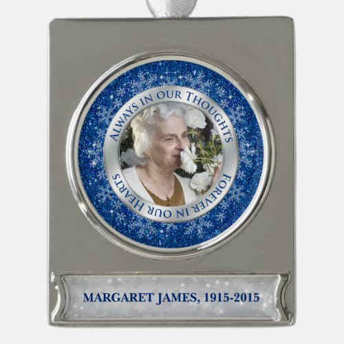 Memorial Photo Christmas Blue Silver Snowflake Silver Plated Banner Ornament