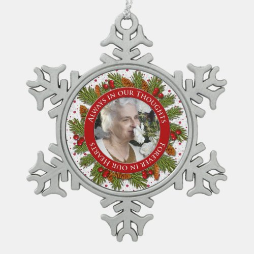 Memorial Photo Christmas Pine Boughs Holly Snowflake Pewter Christmas Ornament
