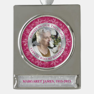 Memorial Photo Christmas Pink Silver Snowflake Silver Plated Banner Ornament